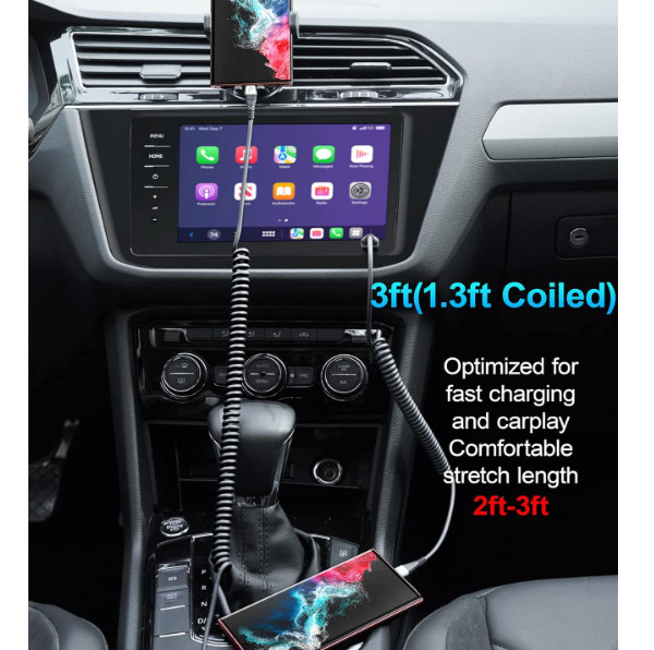Cable USB-C carga rápida en espiral, 2 unidades 90 cm, USB-A a Tipo C para coche gallery