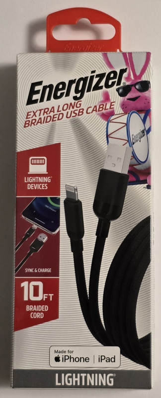 Energizer MFi-Certified Lighting Sync and Charge Braided 10 Foot USB Cable