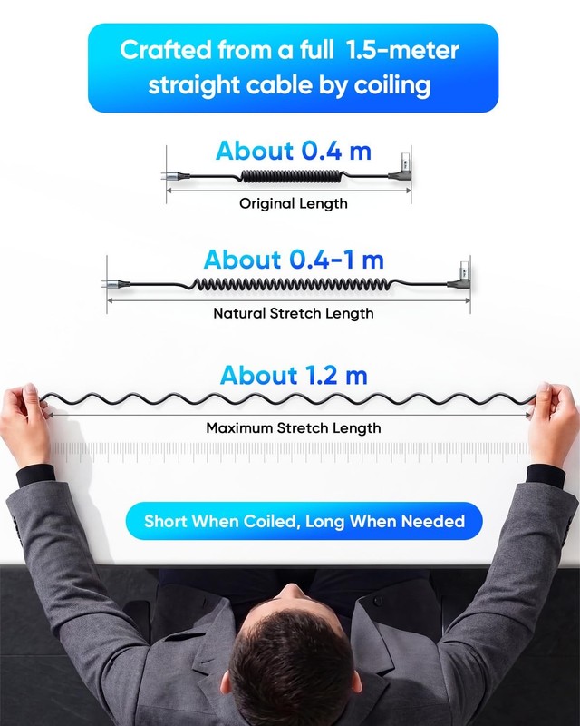 Long Right Angle Coiled USB Cable for Heavy Duty Cases 5FT [Stretches from: 1... gallery