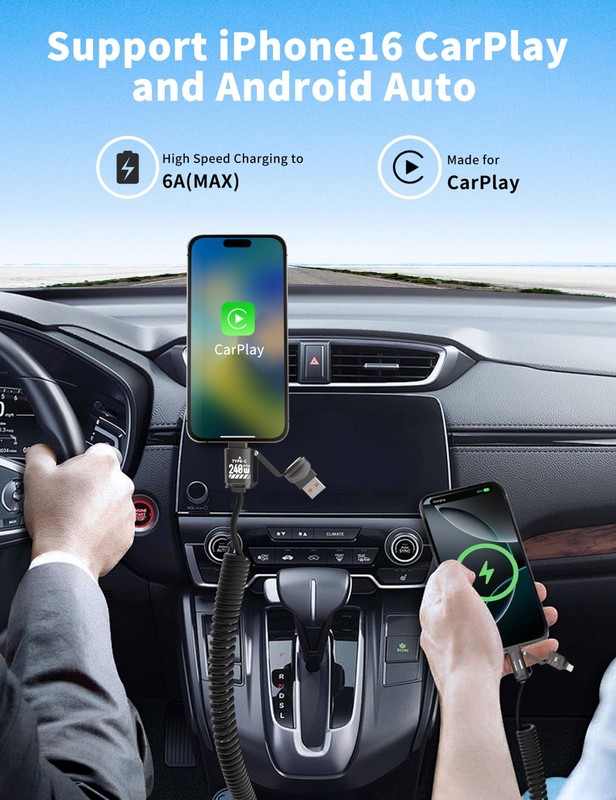 240W 4-in-1 Retractable Coiled Charging Cable[MFi Certified], Zinc Alloy Fast... gallery