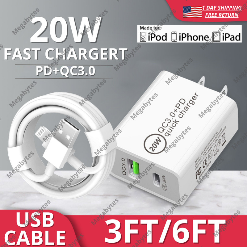 20W QC PD Wall Charger Fast Charging Block USB Cable For iPhone 14 13 12 11 XR 8
