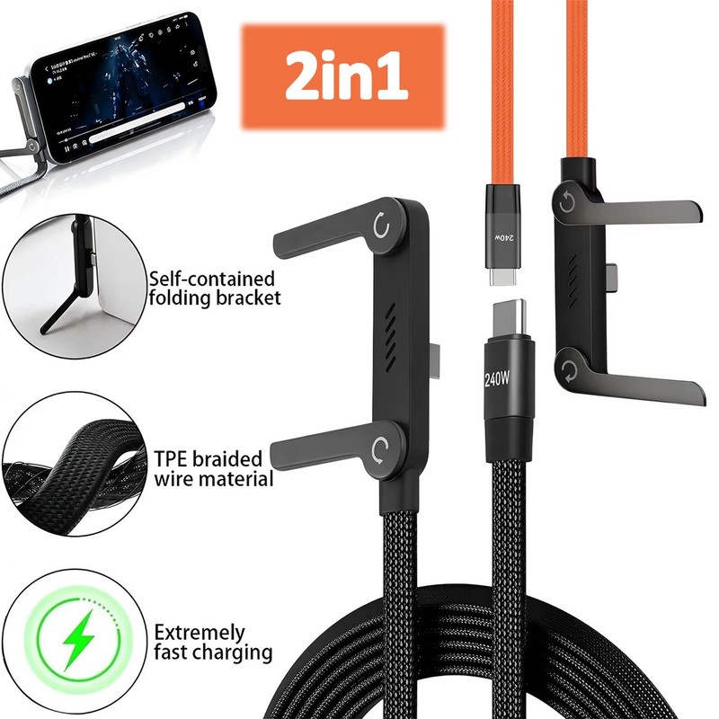 5FT 240W Braided Fast Charging Cord USB C Charger Cable + Invisible Phone Stand