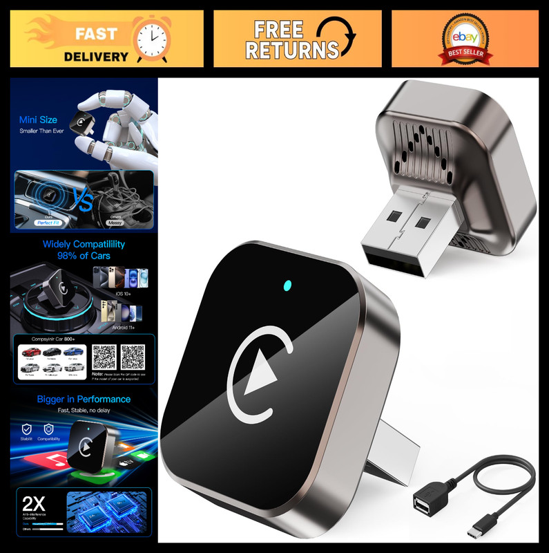2-in-1 Wireless CarPlay & Android Adapter | Plug & Play, No Latency, Fits 1000+