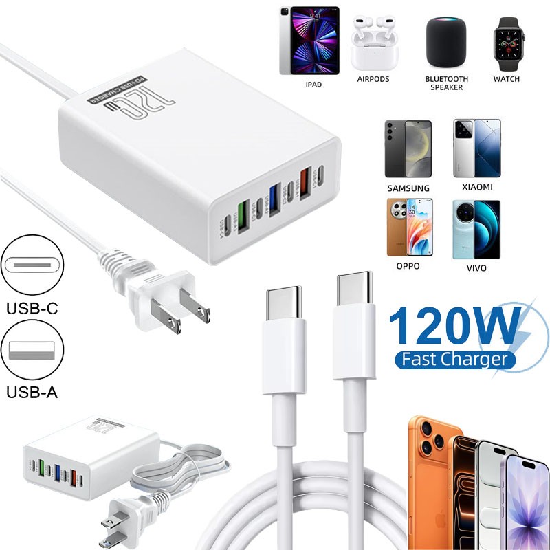 120W Multi-Port Charging Station USB-C Fast Charger For iPhone Samsung Google gallery
