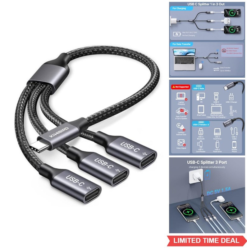 USB C Splitter 1 in 3 Out Male to Female Charging Data Transfer for Laptop