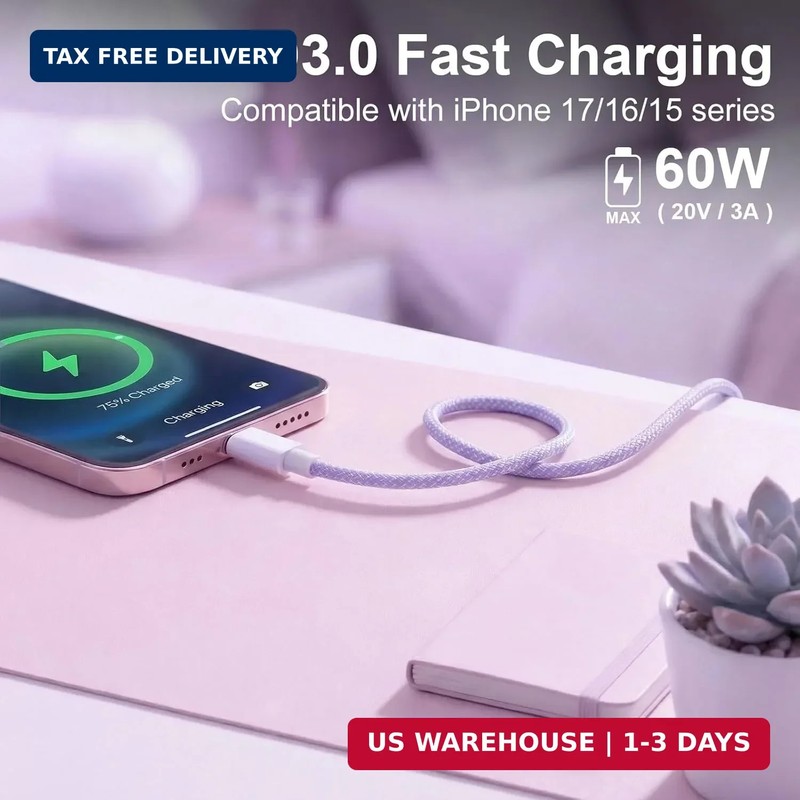 60W USB C to C Cable 6FT 2 Pack Purple Braided Fast Charging Type C Cord gallery