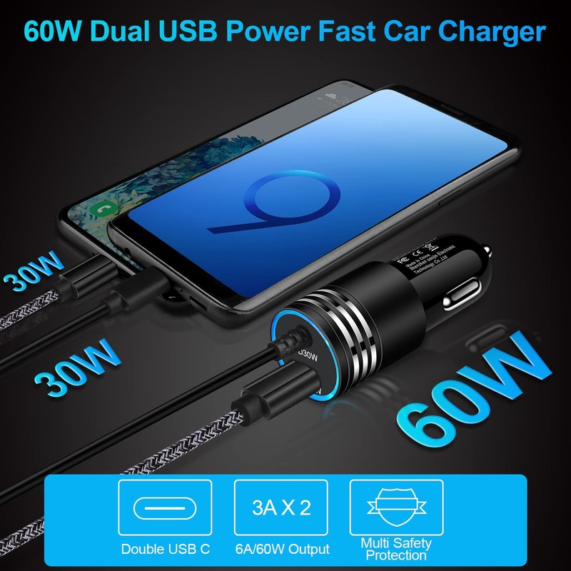 60W Super Fast Charging Android Car Charger Type C Rapid Samsung Black gallery