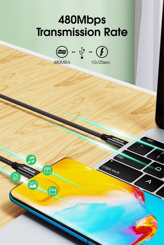 usb C to usb C fast charging cable 100w - braided, black color, 1m length gallery