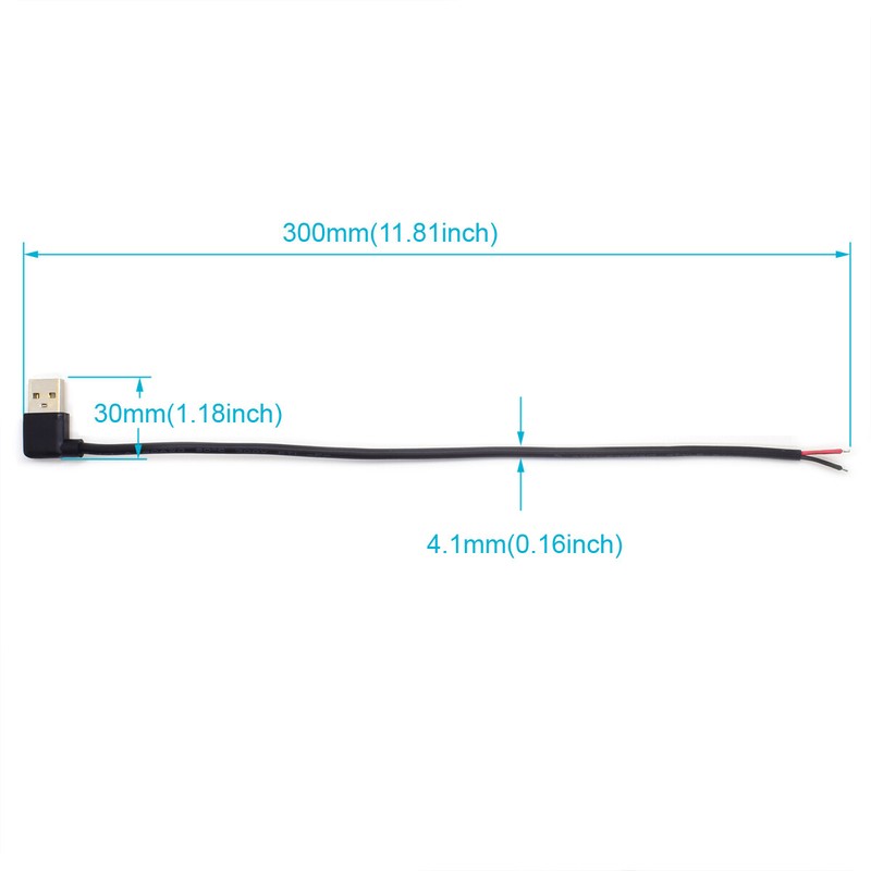 2x 0.3M/1FT USB Male to Bare Wire Cable 20AWG 5A USB2.0 2pin 90° Pigtail Cable gallery