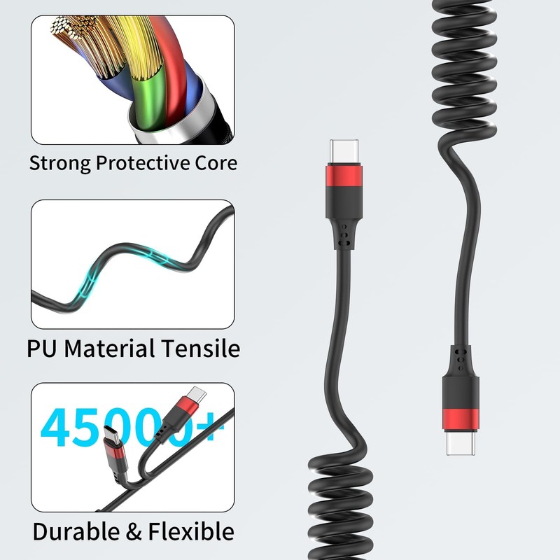 Coiled USB C to C Cable, 2 Pack 3FT USBC Car Charger C-C, Black gallery