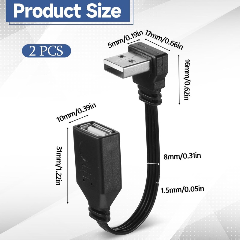 2PCS 4" 90 Degree USB2.0 Extension Cable Flat Right Angle USB Male to Female gallery