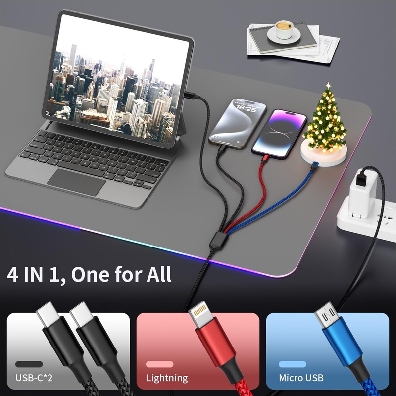 Dual Type-C 4 in 1 Multi Charging Cable for iPhone 17/ 2pack5ft, Multicolored gallery