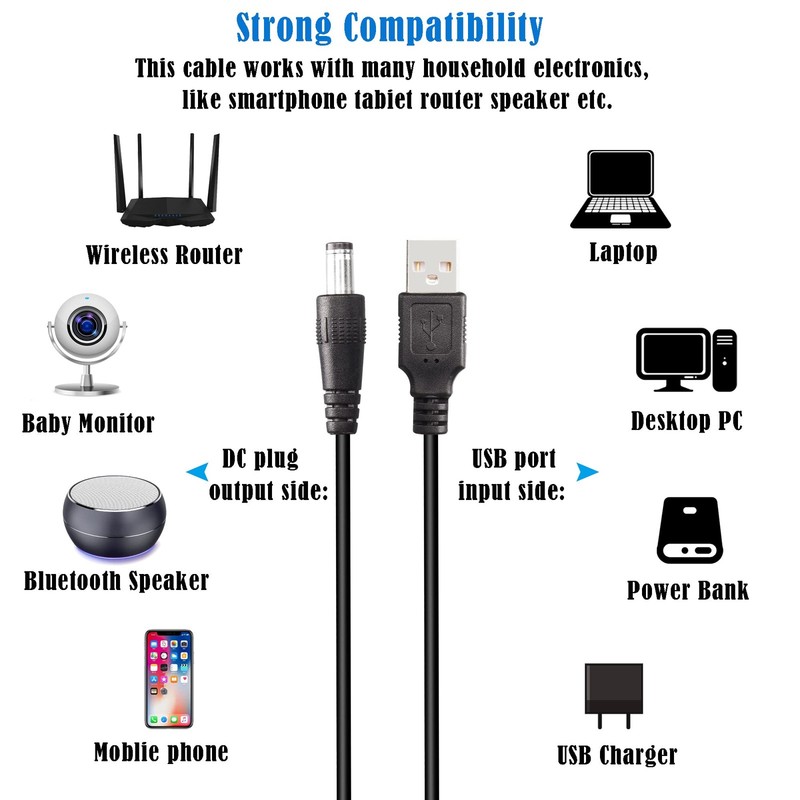 5V USB2.0 to DC Power Cable USB2.0 to DC 5.5mmx2.1mm Universal Charging Cable... gallery