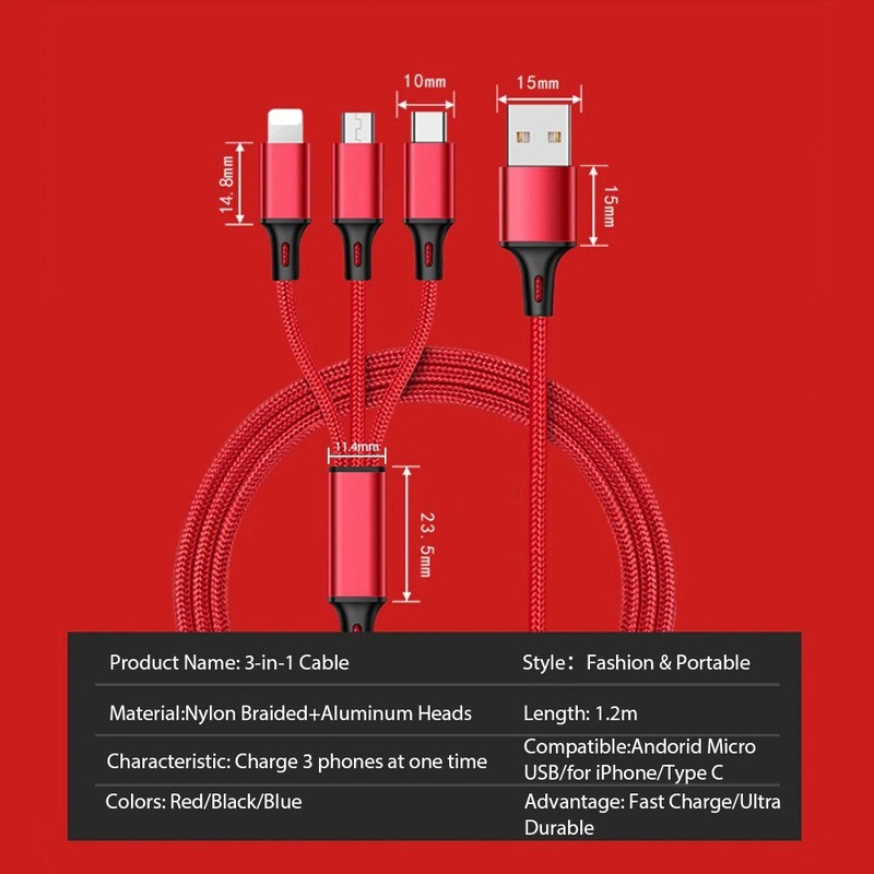 3 In 1 USB Fast Charger Cable Cord For iPhone Android Universal gallery