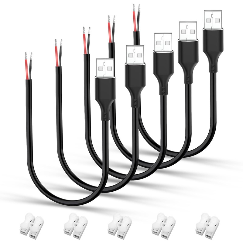 USB A Male to Bare Wire Cable - 12V 3A 30cm Power Cord for LED Strips, Arduino