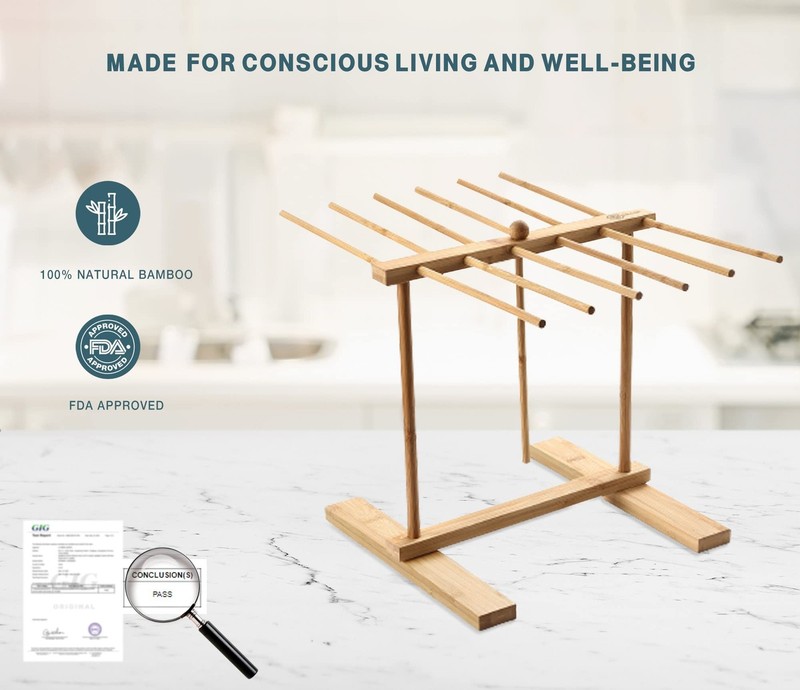 Bamboo Pasta Drying Rack with Transfer Wand and 12 Bars, Easy to Transfer for... gallery