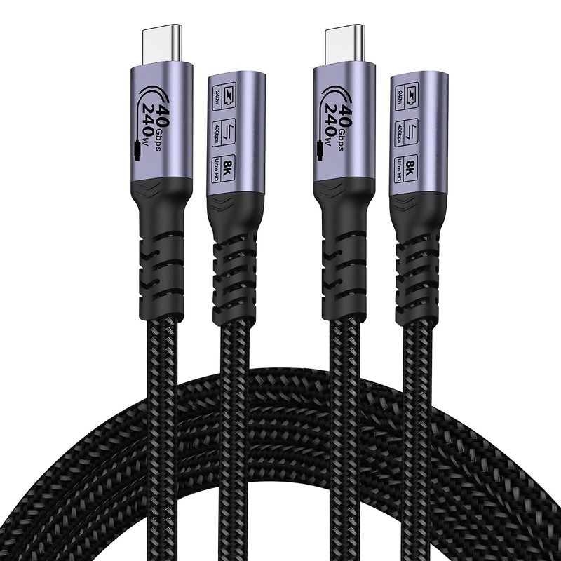 USB C Extension Cable 6.6FT 240W 40Gbps 8K Braided Data Cord Video Monitor Lead