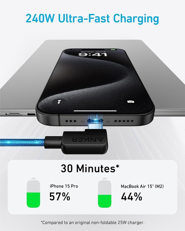 Anker USB C to USB C Right Angle Cable, 240W 90 Degree Type-C Braided Charging C gallery