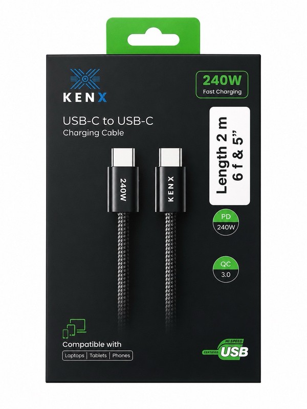KENX 240W USB-C to USB-C Fast Charging Cable 6ft 5in Braided PD QC 3.0 New