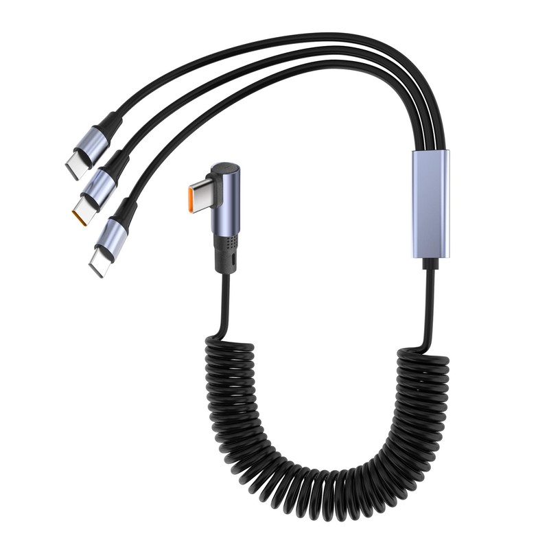 3-in-1 Coiled USB-Cable with 90-Degree Right Angle, Fast Charging Cable, 3-Po…