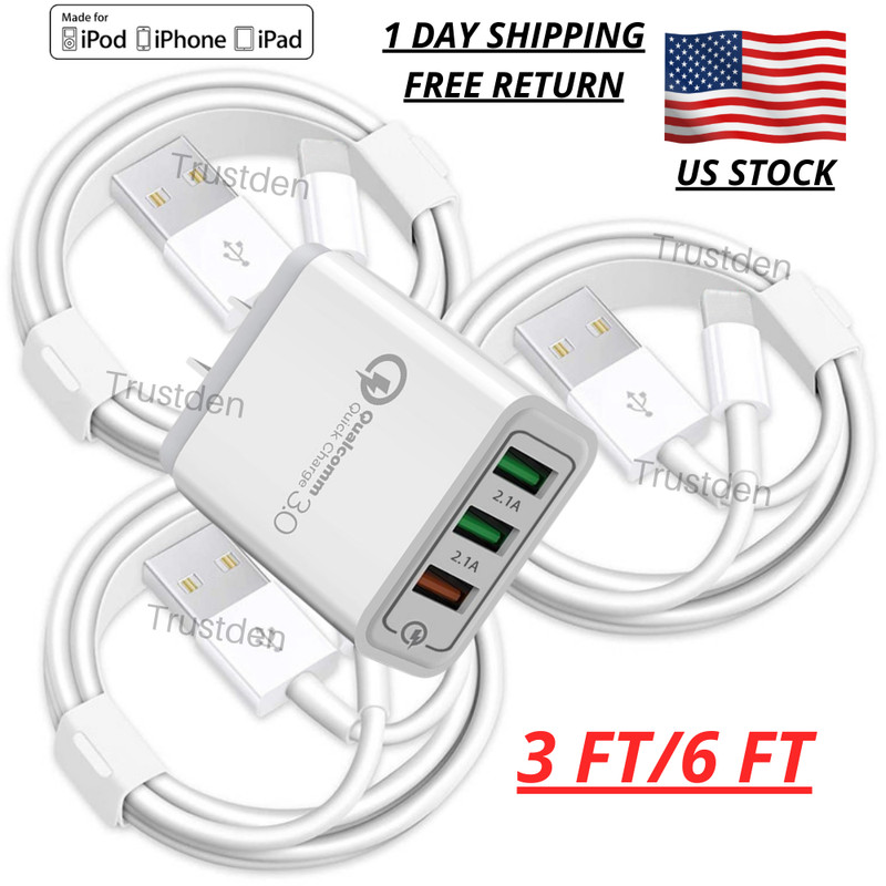 For iPhone 13 12 11 XR 8 QC 3.0 Fast Charger Plug Power Adapter Block USB Cable