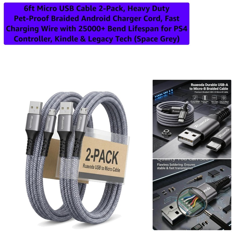 Pet-Proof Braided 6ft Micro USB Cable 2-Pack for Controllers & Devices