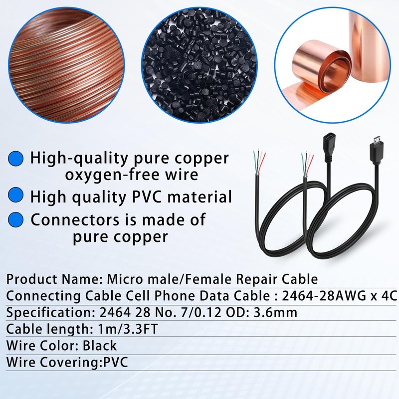 4Pcs Micro USB Female 4 Pin Bare Wire USB Power Data Cable DIY Pigtail Cable ... gallery