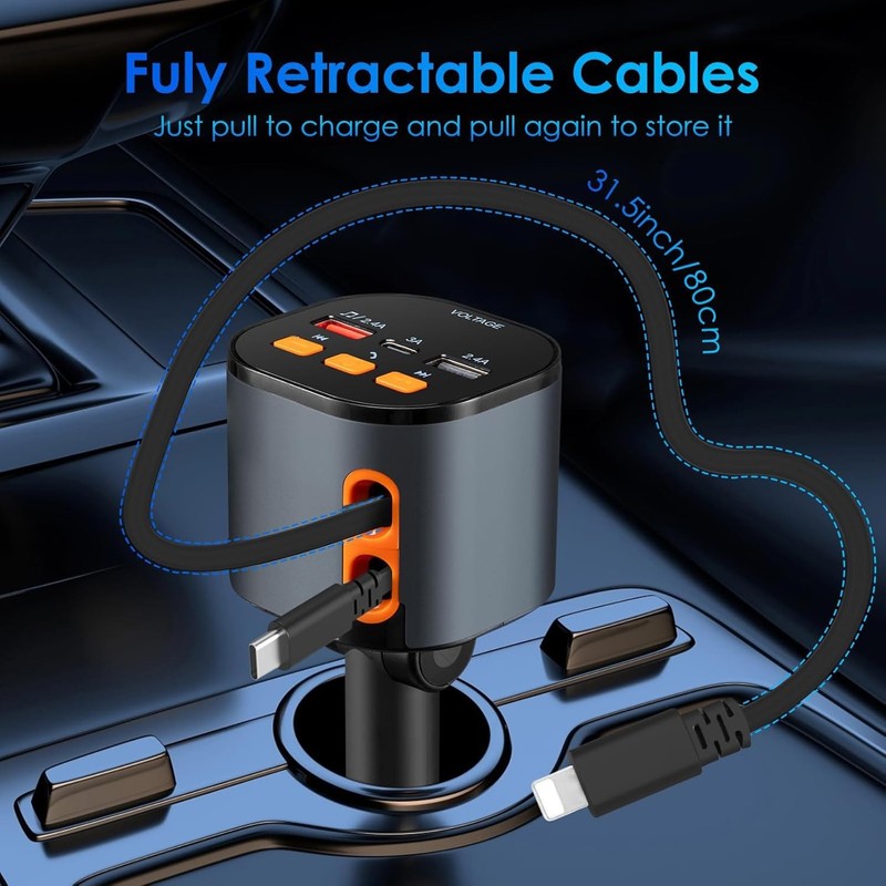 Retractable Car Charger,5 in 1 Fast Cars Phone Charger Small, Black gallery