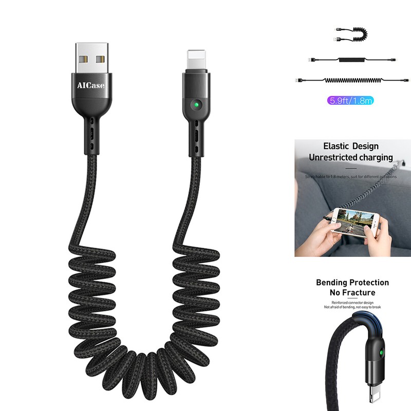 Coiled USB LED Charging Cable Charger Cord For iPhone 14 13 12 11 Pro Max 8 7 SE