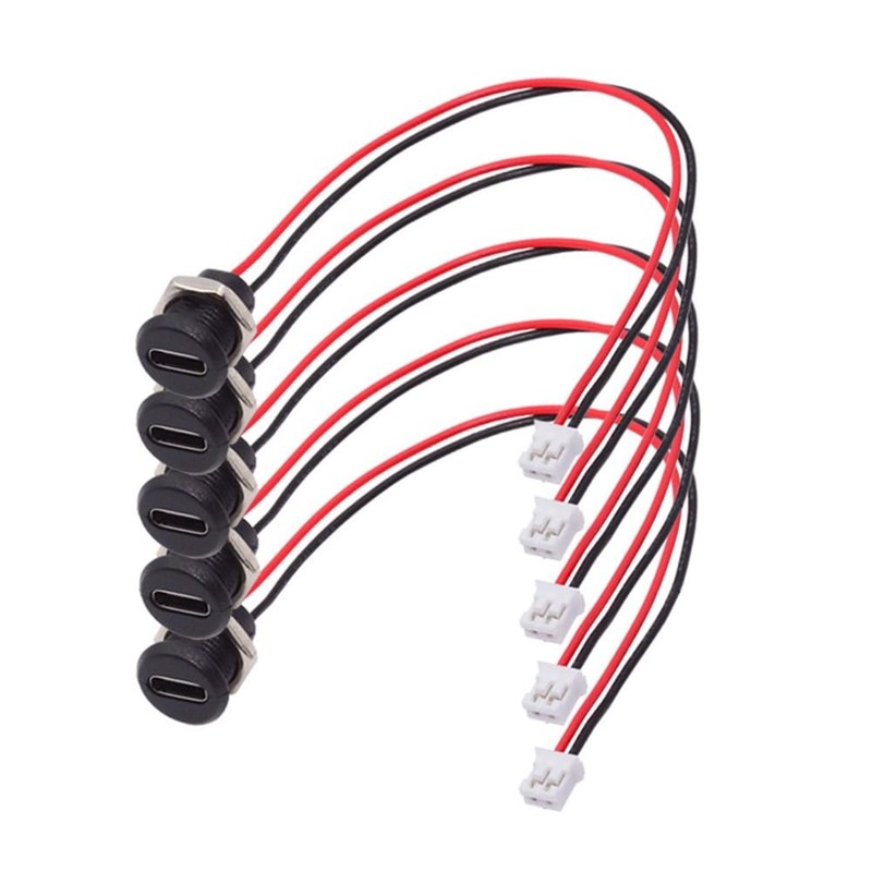 USB-C Female Panel Mount Socket to 2-Pin Pigtail 5V Power Cable 17.5cm, 5 Pack