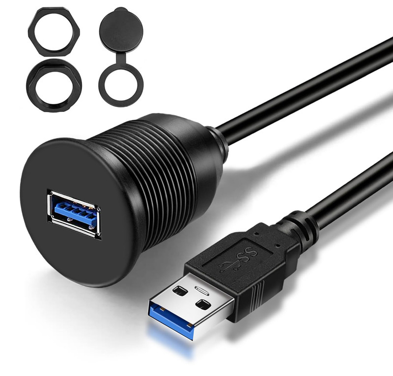 USB 3.0 Car Flush Mount Cable Male to Female Panel Mount 1ft Waterproof Dash