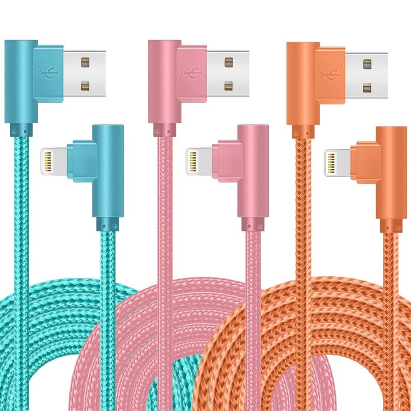 10FT 90 Degree USB Lightning Cable, 3 Pack, MFi Certified for iPhone Charging