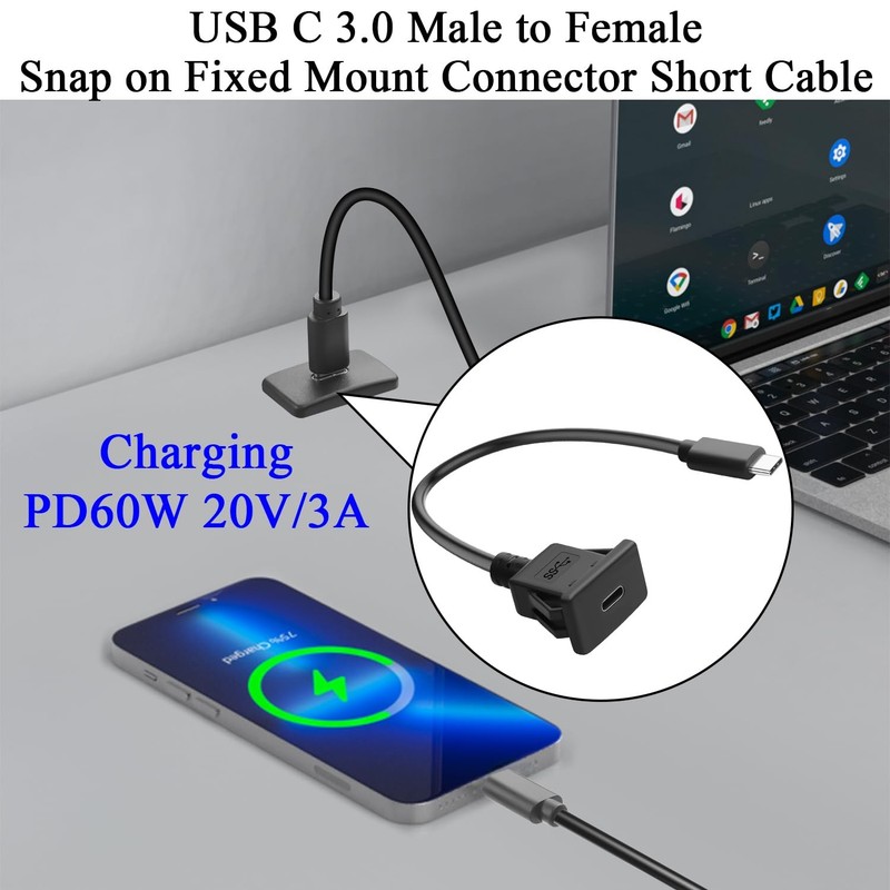 30cm 11.8in 5Gbps USB C Square Snap In Mount Adapter Short Cable PD60W Cord gallery