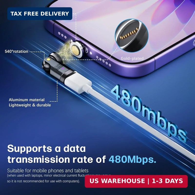 Magnetic USB C to C Adapter, 240W PD Fast Charging 480Mbps Data 9-Pin Breakaway gallery