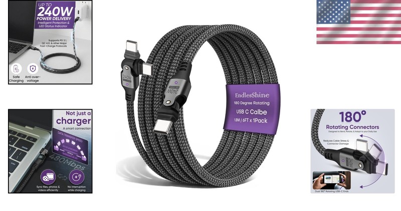 Durable 6ft USB Type C Cable, 240W Power Delivery with 180° Rotation gallery