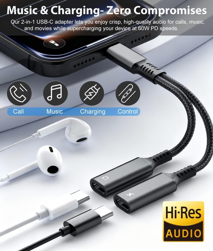USB C Splitter, Dual C Headphone and Charger Adapter, 1 in 2 Out Black gallery