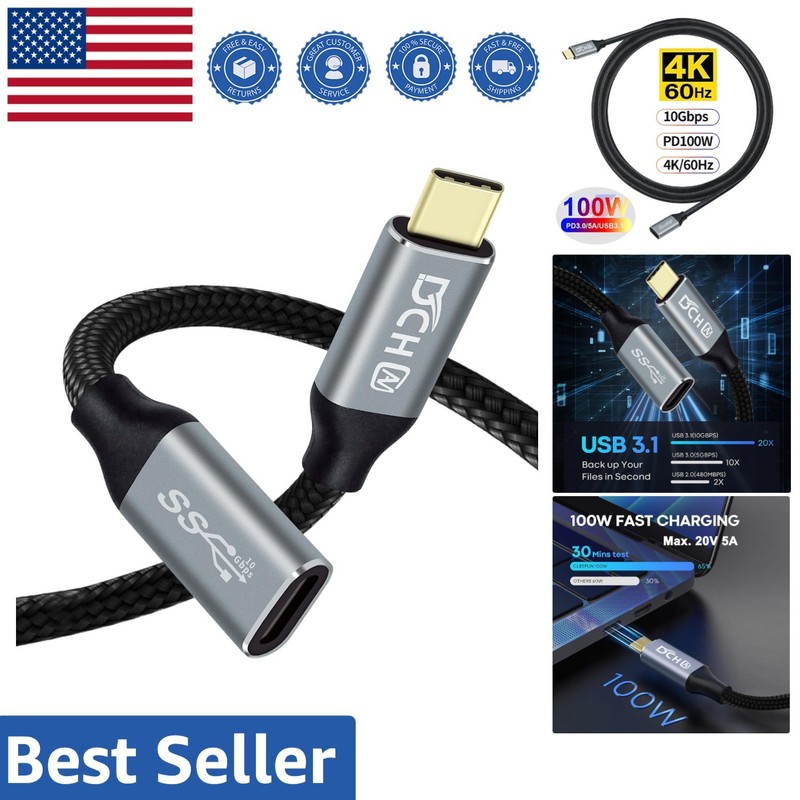 1.5ft USB C Male to Female Cable with 100W Fast Charging & 4K Output