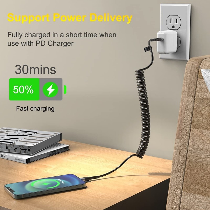 Coiled USB C to Lightning Cable for Car 10FT, MFi Certified iPhone Charging Data gallery