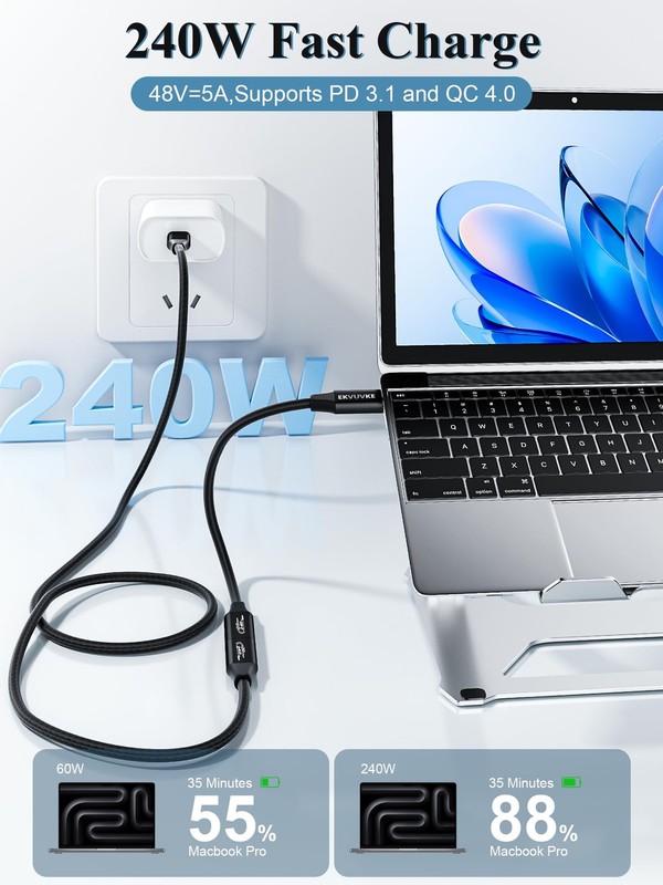 USB C Extension Cord 20Gbps 240W 4K 6.6FT Nylon Braided Fast Charge Data Sync fo gallery