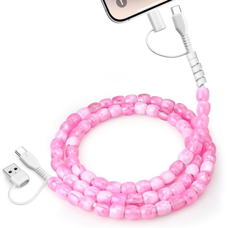 USB Cable for iPhone Beaded Phone Charger Cord 4 in1 USB Charge Cable 66W Fas…