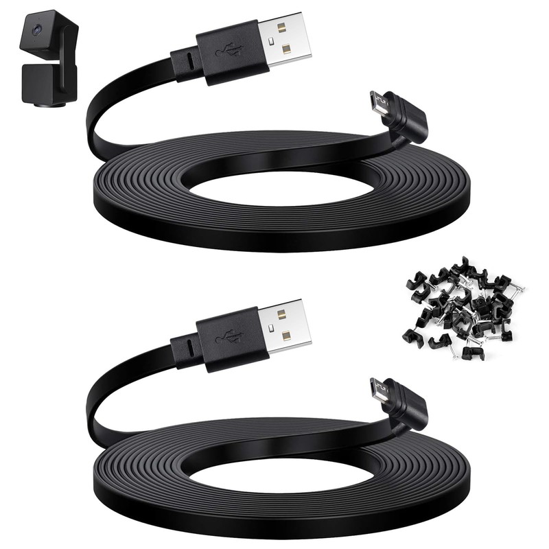 10ft Micro USB Power Cable Flat Extension Cord for Wyze Cam Pan v3 Black 2 PCS