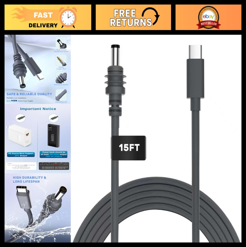 USB C to DC Power Cable 140W for Starlink Mini, 18AWG 5M/16.4FT Waterproof Cable