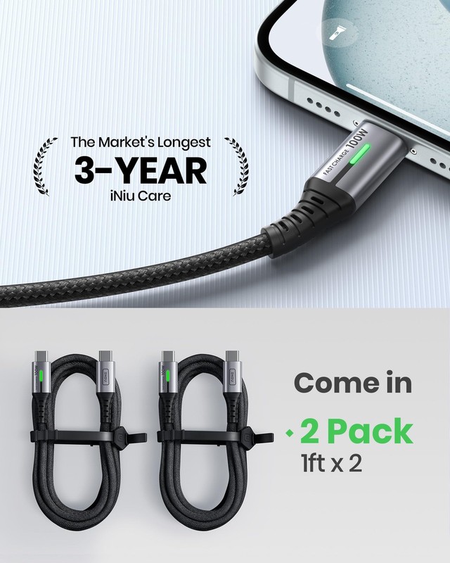 100W Short USB C to USB C Cable 1ft 2-Pack Type C Cord for iPhone 16 Pro Max ... gallery