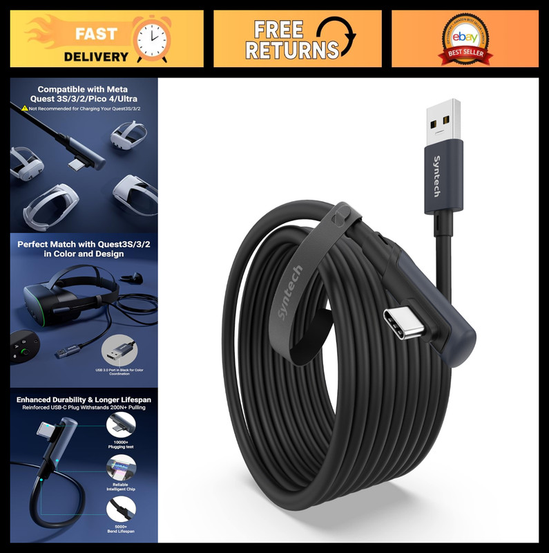 16FT USB 3.0 Link Cable for Oculus Quest 3/2, Pico 4, VR PC Data Transfer, Black