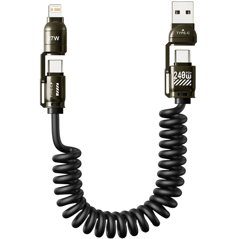 240W Fast Charging 4-in-1 Spring Car Data Cable Compatible with CarPlay & Phone gallery