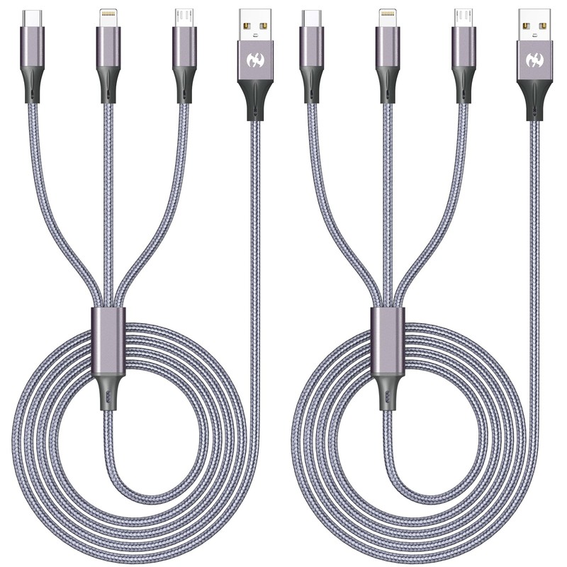 AICHUA 3 in 1 Multi Charging Cable 6ft, 2 Pack Nylon Braided Grey-6ft