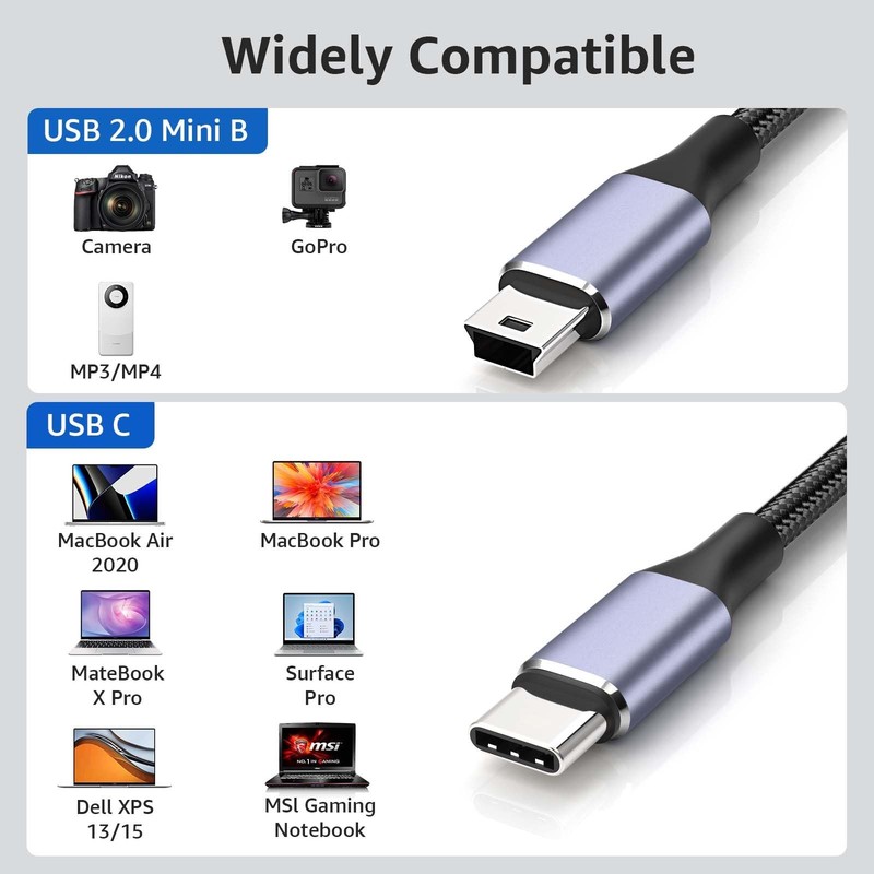 Cieoaos USB C to Mini USB Cable 3FT, [Aluminum Shell, Braided] Durable Mini-B 5- gallery