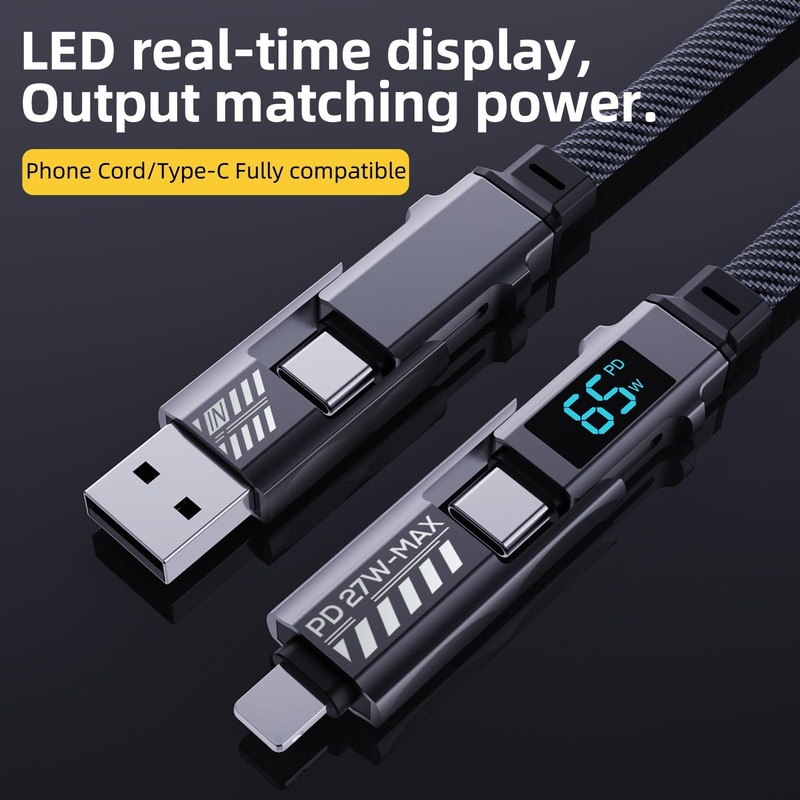 4-in-1 USB C Cable with Wattage Display, 65W 3A Flat Nylon Braided Multi Char... gallery