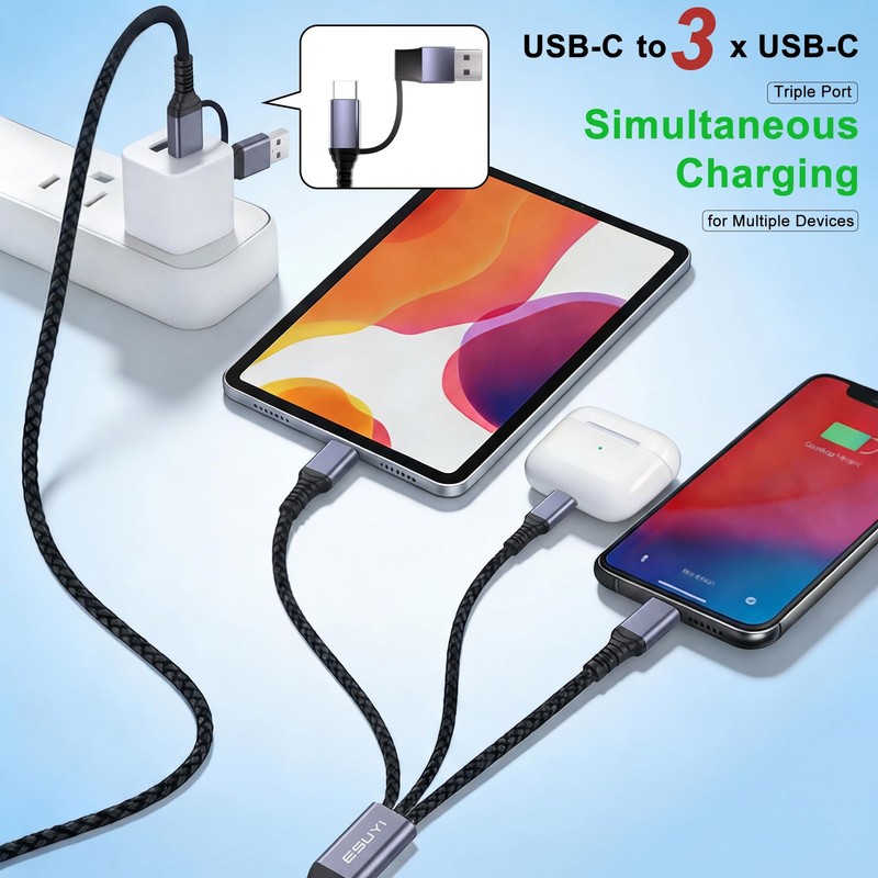 3 in 2 Travel Essentials Multi Charging Cable,[5FT/2Pack 60W ] USB C Black gallery