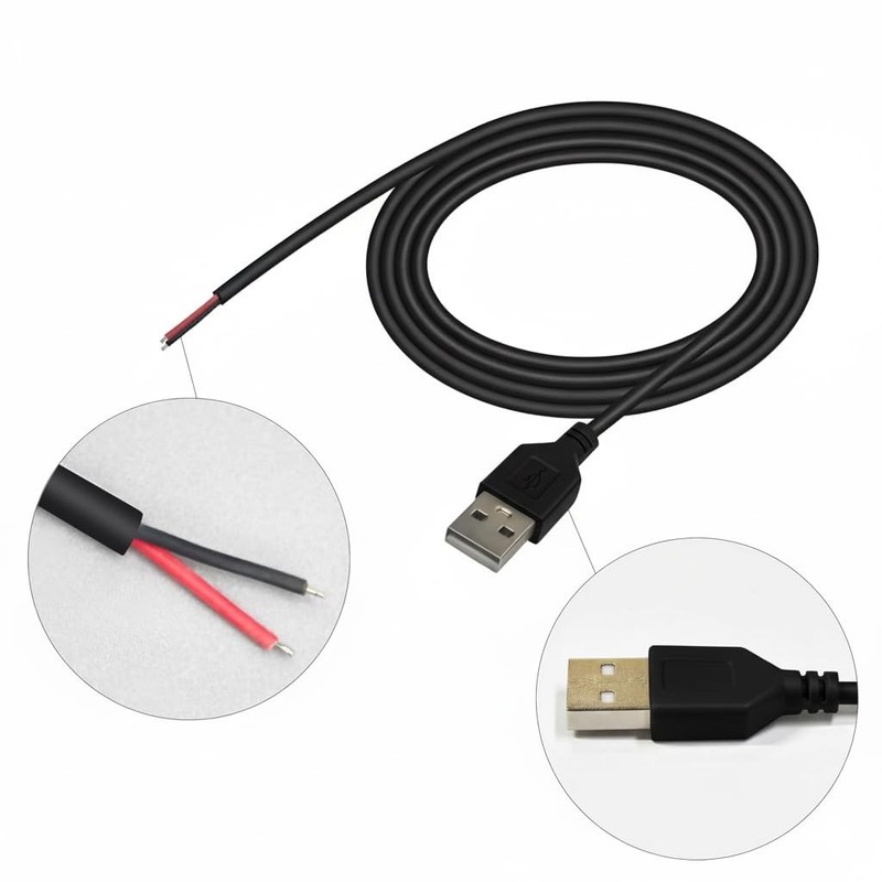 2 PCS 3.28FT Black 24AWG USB 2.0 Male 2 Pin Bare Wire Pigtail Cable 5V 2A gallery
